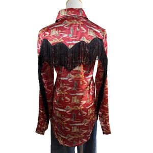 Rock & Roll Denim Western Shirt Red Desert‎ Cactus Print Fringe Snap Button SM
